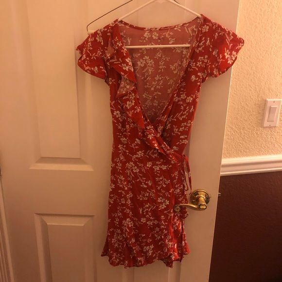 Zaful Red Orange Floral Wrap Mini Dress - Picture 2 of 4